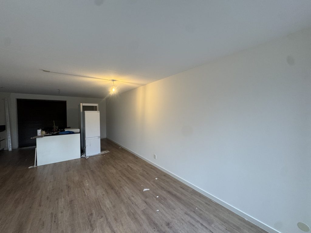 Lange woonkamer met open keuken en een strakke witte wand langs het laminaat